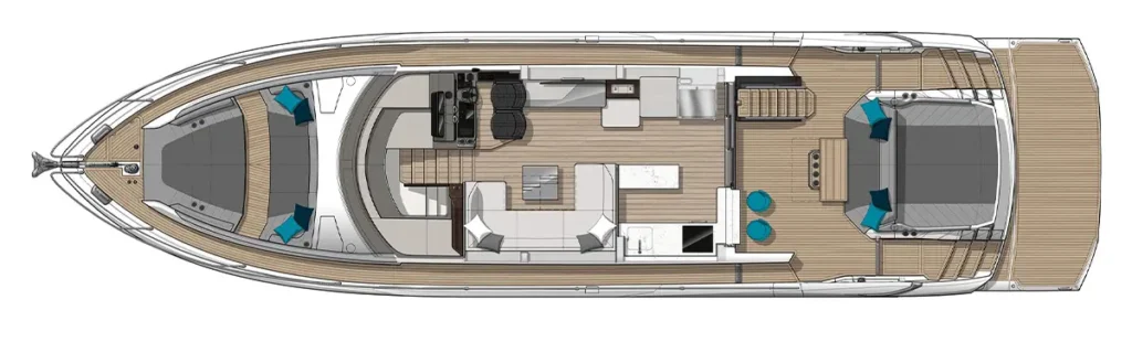 Top-down layout of a luxury yacht interior and deck showing living areas, cabins, and helm from bow to stern.