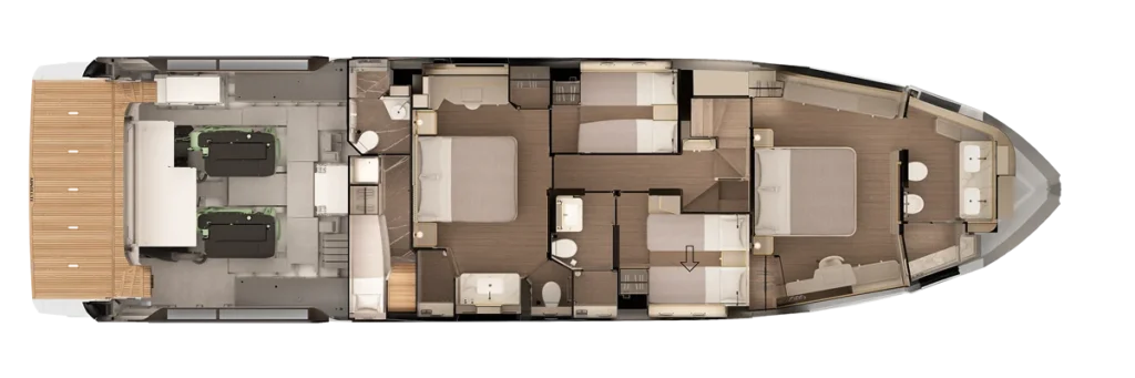 Top-down floor plan of a luxury yacht showing aft deck, engine room area, multiple cabins, bathrooms, and a forward master suite with seating areas and a galley below Deck.