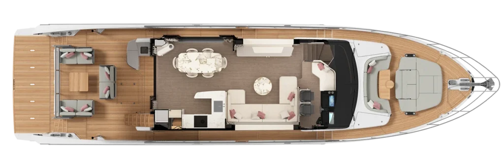 Top-down layout of a luxury yacht: aft outdoor lounge, indoor dining area, galley, and salon with a long sofa leading to the helm and forward seating area.