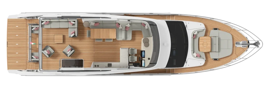 Top-down view of a luxury motor yacht deck with lounge seating, dining table, and helm station.
