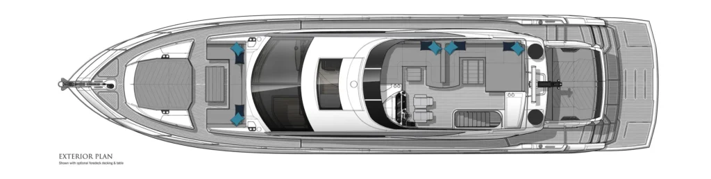 Top-down exterior plan of a luxury yacht showing foredeck, main deck, flybridge, and aft deck with seating areas.