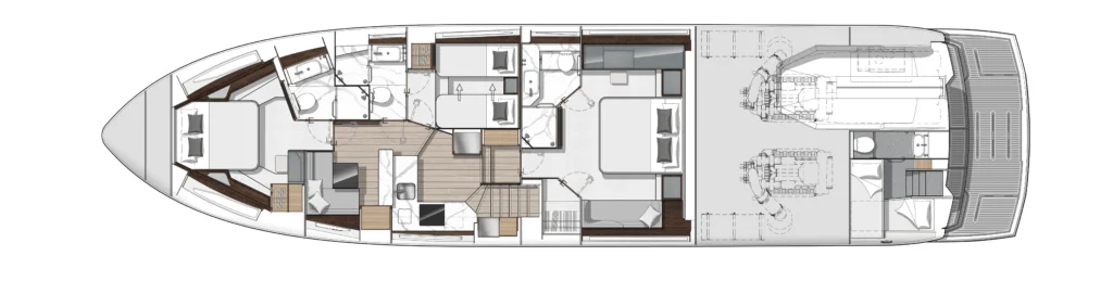 Top-down floor plan of a luxury motor yacht showing master suite, guest cabins, galley, and engine room.