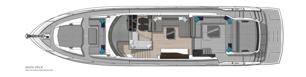 Top-down floor plan of a yacht's main deck, showing helm area, lounge with seating, dining table, stairs, and aft deck access.