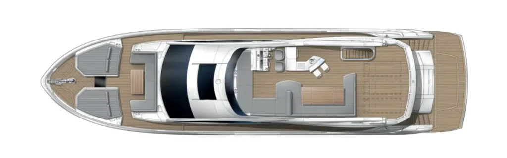 Top-down view of a luxury motor yacht: teak deck, forward seating, central helm with curved dashboard, aft lounge, and rear swim platform.