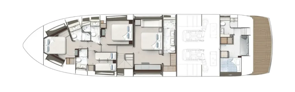 Top-down floor plan of a luxury yacht interior showing forward guest cabins and bathrooms, a central corridor, a midship master suite, crew/utility areas, and a spacious aft salon with dining and galley leading to the outdoor deck.