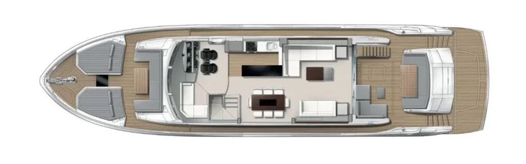 Top-down layout of a luxury motor yacht: bow area with seating, central helm and lounge, dining area and galley, and aft deck with outdoor seating and swim platform.