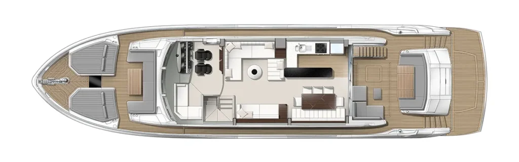 Top-down floor plan of a luxury motor yacht: aft deck with seating, central salon with curved sofa and dining area, galley/kitchen to port, helm area midship, and stairs leading to lower decks toward the bow. External teak decks visible at stern and bow.