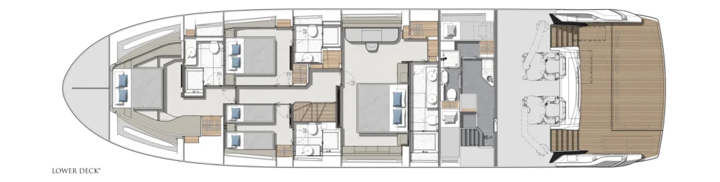 Top-down yacht lower-deck floor plan showing cabins, heads (bathrooms), and connecting corridors.