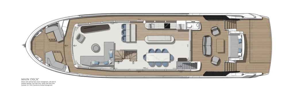 Top-down plan of a luxury yacht's main deck, showing lounge seating, a dining table, galley/kitchen area, stairs, and outdoor aft deck space.