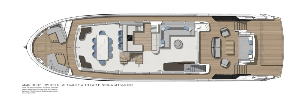 Top-down floor plan of a luxury yacht's main deck showing forward dining, galley, and aft saloon with outdoor deck areas.