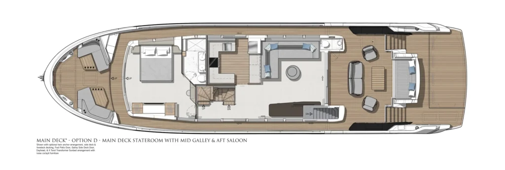 Top-down floor plan of a luxury yacht's main deck, showing a private stateroom, mid galley, aft saloon, and surrounding exterior deck spaces across bow to stern.