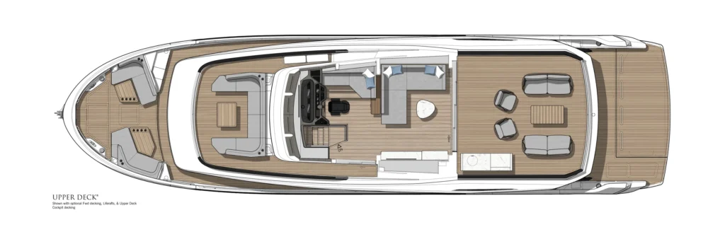 Top-down layout of a luxury yacht: forward cockpit, dual seating areas, helm, and aft outdoor lounge on teak deck.