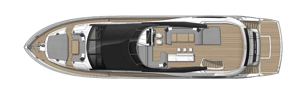Overhead deck plan of a luxury motor yacht showing the bow lounging area, central salon with seating, dining bar, galley, and aft terrace stairs.