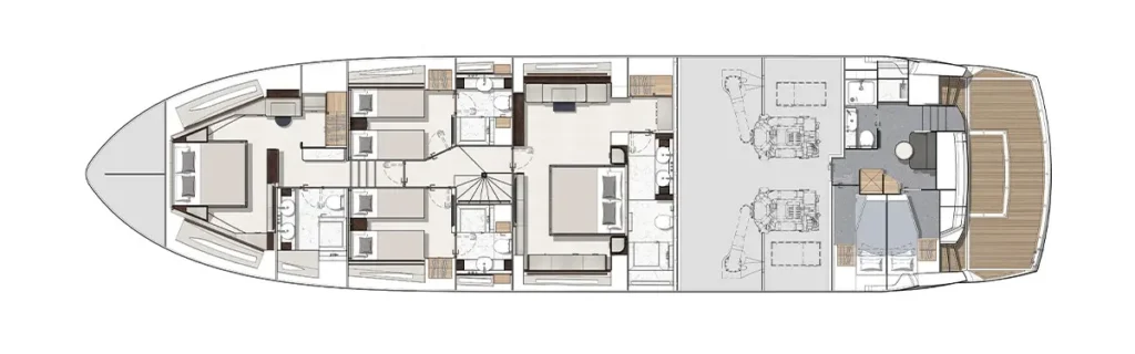 Top-down layout of a luxury motor yacht: several cabins with en-suite baths, a central corridor, a master suite, crew area, and an aft deck with seating.