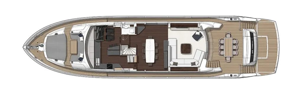 Top-down layout of a luxury motor yacht showing forward cabins, central galley and stairs, a midship lounge, and an aft outdoor dining deck with seating and a large table.