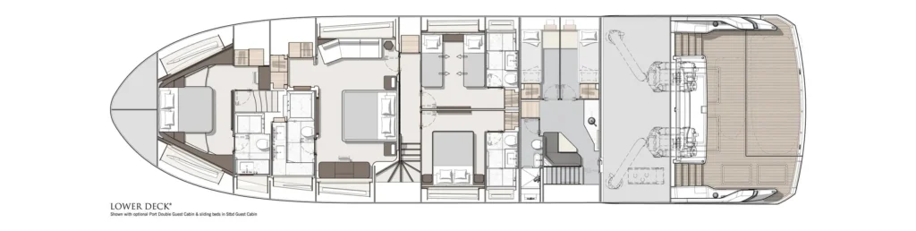 Top-down layout of a luxury yacht's lower deck showing sleeping cabins, baths, and stair access to upper decks