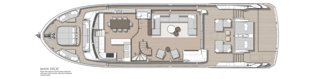 Top-down layout of a luxury yacht's main deck showing the forward cabin, central dining and living areas, galley, stairs, and aft outdoor seating.
