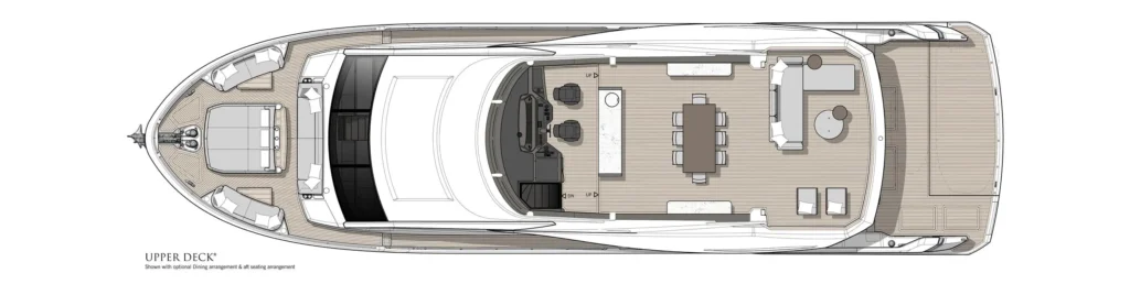 Aerial floorplan of a luxury yacht's upper deck showing the helm, dining table, seating lounges, and aft sun deck.