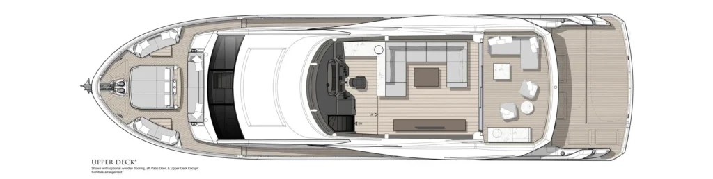 Top-down layout of an upper-deck yacht: helm area, lounge, dining area, and aft outdoor seating.