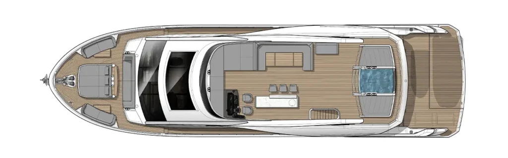 Top-down layout of a luxury motor yacht showing forward deck seating, central galley and dining area, and aft pool deck add-on.