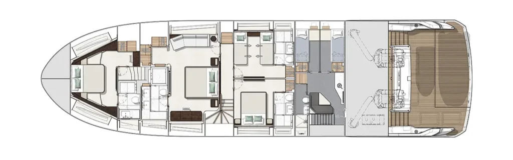 Top-down layout of a luxury yacht interior, showing cabins, bathrooms, living area, galley, stairs, and aft deck.