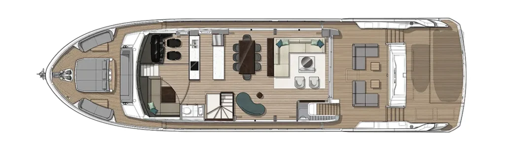 Top-down layout of a luxury motor yacht showing forward cabins, central dining area, living saloon, galley, stairs, and aft outdoor lounge.