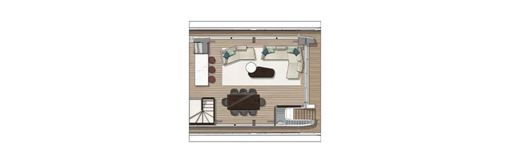 Top-down floor plan of an open living/dining space: L-shaped sofa, round coffee table, and a dark dining table with six chairs near the kitchen island.