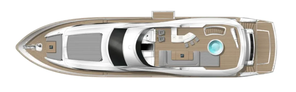Top-down view of a luxury motor yacht showing the sun deck with seating, a circular hot tub, and a shaded cockpit area from above.