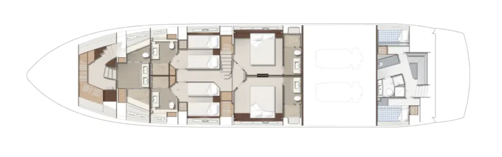 Top-down floor plan of a luxury motor yacht: forward crew/utility area, multiple guest cabins with beds and en-suite bathrooms, and an aft living/utility section