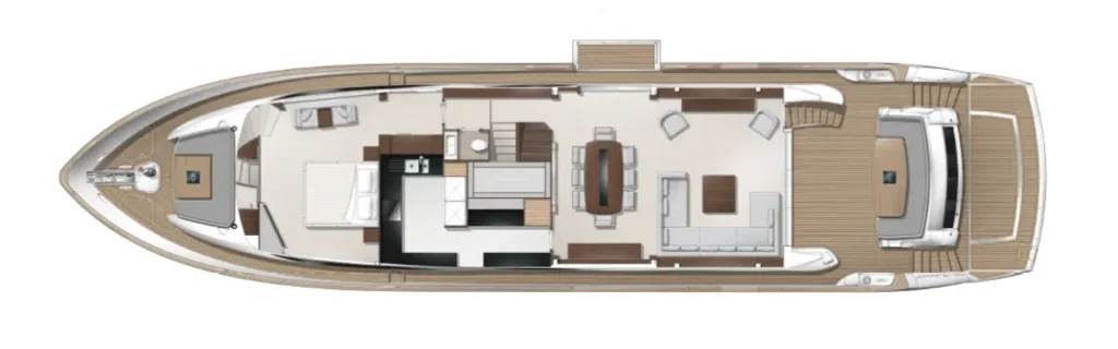 Top-down deck plan of a luxury yacht showing forward cabin, galley, dining area, living lounge, and aft deck seating on a wooden finish yacht interior layout