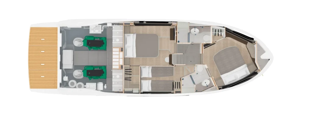 Top-down floor plan of a luxury motor yacht showing the engine room at the stern, crew area, and multiple living and sleeping areas along a central corridor.