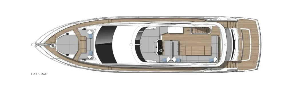 Top-down view of a luxury yacht flybridge layout with seating, helm, and aft deck.