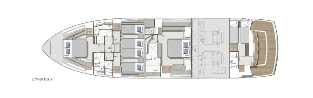 Top-down floor plan of a luxury yacht's lower deck showing several cabins and bathrooms