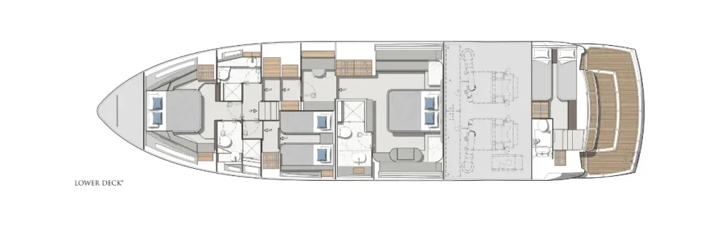 Layout of a luxury yacht's lower deck showing cabins, en-suite bathrooms, and crew areas from bow to stern.