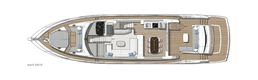 Top-down layout of a luxury motor yacht's main deck: forward cabin, living area, galley, dining, and aft terrace.