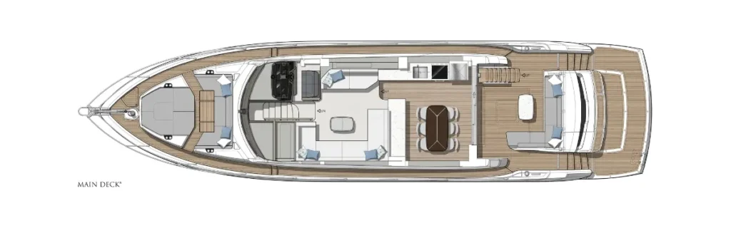 Top-down view of a luxury yacht's main deck showing forward lounge, central seating area, dining table, and aft cockpit with deck chairs.