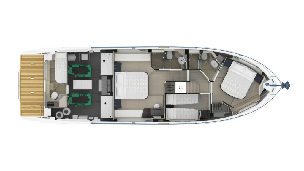 Top-down floor plan of a luxury yacht showing cabins, bathrooms, galley, and lounge across multiple decks