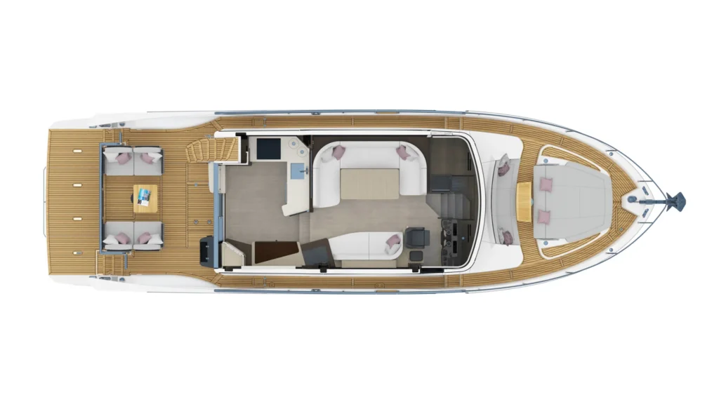Top‑down view of a luxury yacht deck and interior layout: aft sun deck with seating, midship salon and galley, helm area, and forward cabin spaces alike to a floorplan map