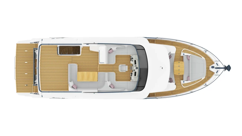 Top-down view of a luxury motor yacht showing teak decks, lounge seating, and helm area; white exterior contrasts with wood tones.
