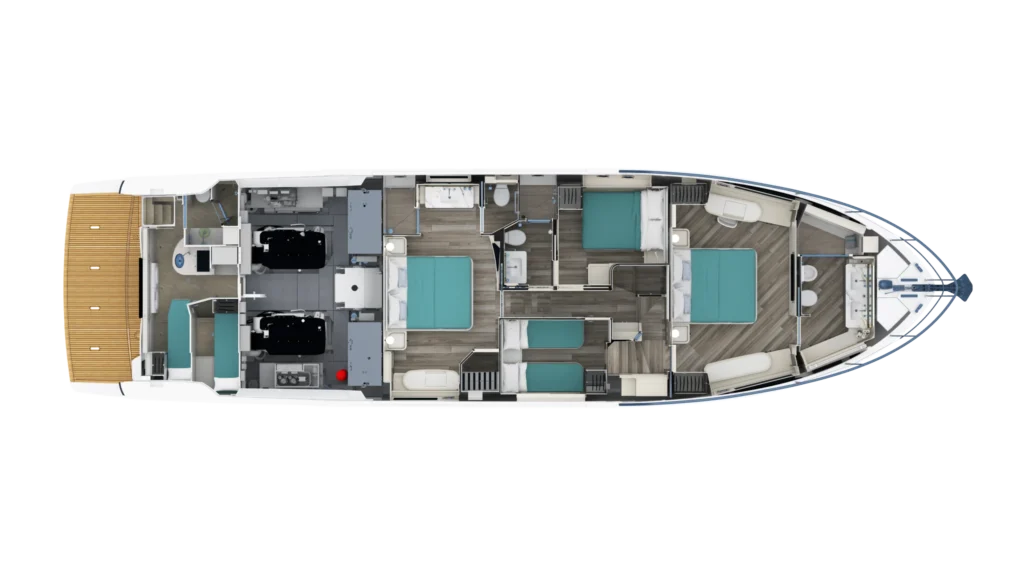 Aerial floor plan of a luxury yacht interior showing multiple cabins with teal bedding, a central corridor, lounges, bathrooms, and a forward helm area. Includes a rear outdoor deck.