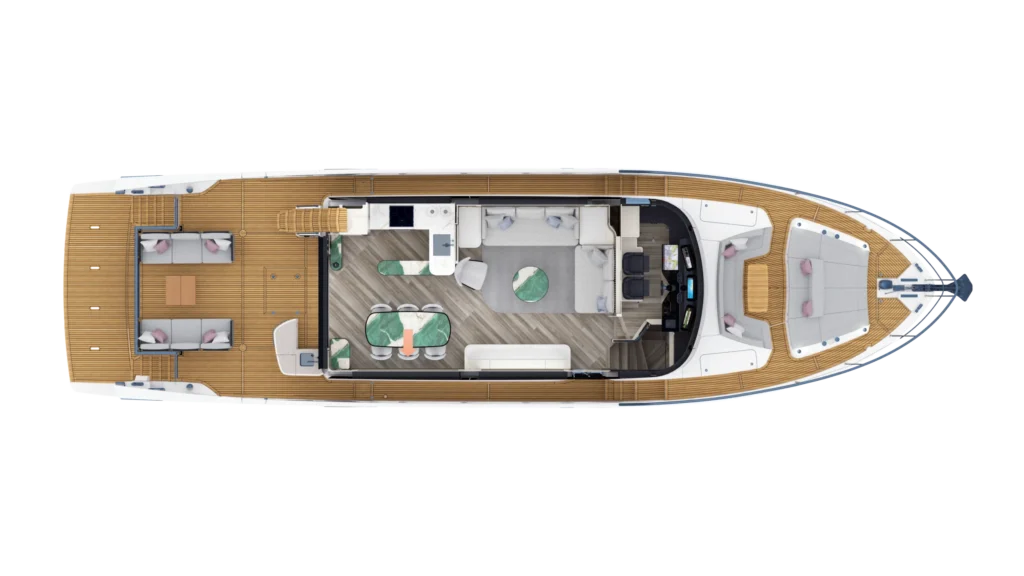 Top-down view of a luxury yacht interior layout with outdoor aft deck, lounge, dining area, and helm station.