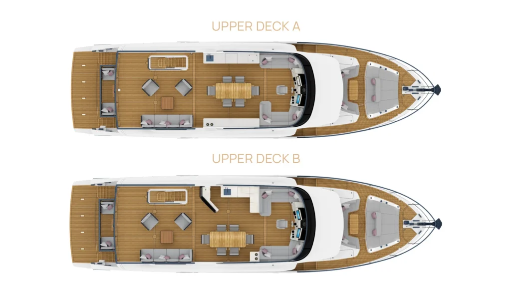 Top-down view of yacht upper decks A and B with wood decks, seating areas, and dining table layouts.