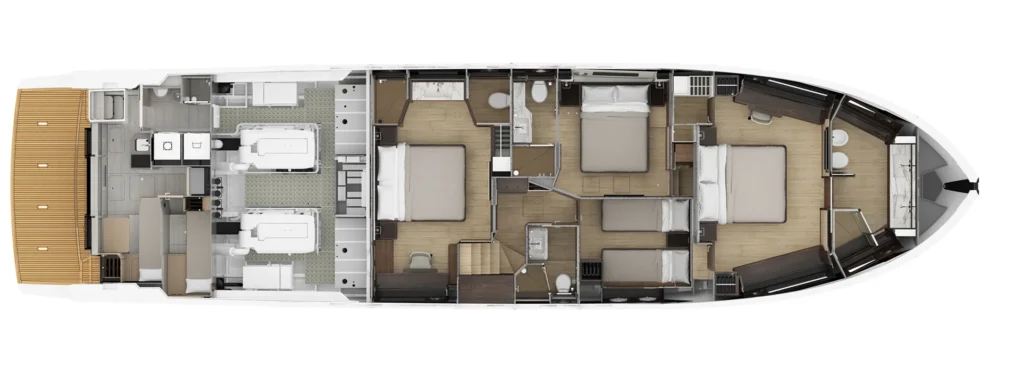 Top-down floor plan of a luxury yacht showing aft deck, galley, crew area, and multiple guest cabins including a master suite and two doubles.