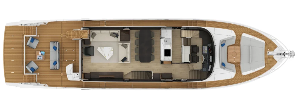 Top-down layout of a luxury yacht: teak deck aft, lounge, dining area, galley, helm, and forward cabin areas