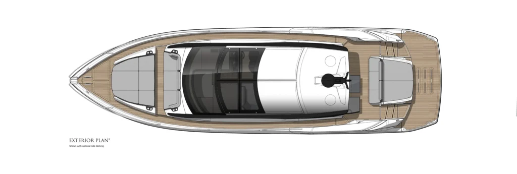 Top-down exterior plan of a luxury yacht, showing wood deck, seating, and cockpit areas