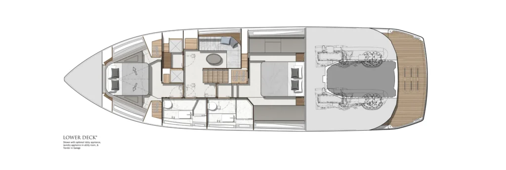 Top-down plan of a luxury yacht lower deck showing separate cabins, bathrooms, and storage along a central corridor with the engine room at the stern.