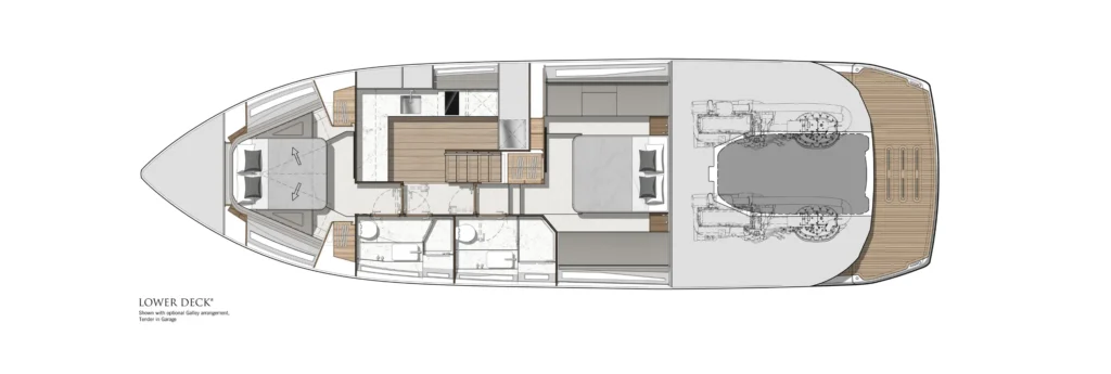 Top-down floor plan of a yacht's lower deck showing bedrooms, bathrooms, galley, stairs, and engine area.