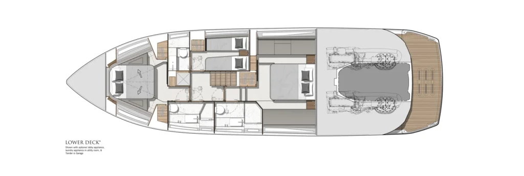 Top-down floor plan of a luxury yacht's lower deck showing multiple guest cabins, bathrooms, and a rear engine room/garage area.