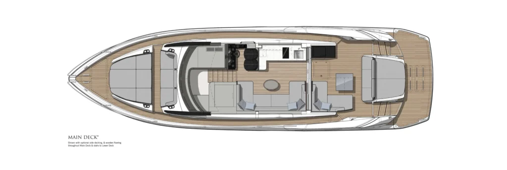Top-down diagram of a luxury yacht's main deck showing seating lounge, galley, helm, stairs, and outdoor aft area