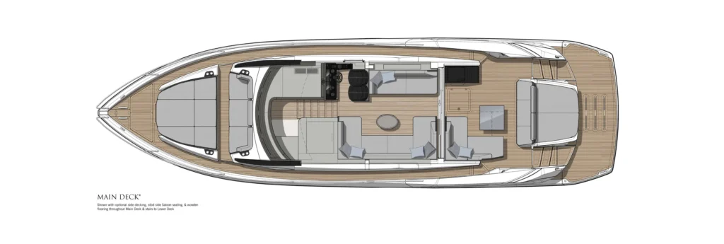 Top-down layout of a luxury motor yacht's main deck showing forward seating, a central lounge, helm station, and aft outdoor seating with a swim platform.